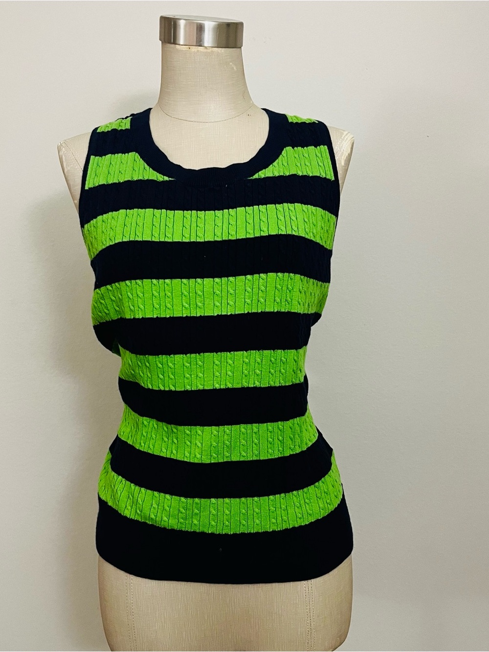 Talbots Neon Green and Navy Striped Cable Knit Top